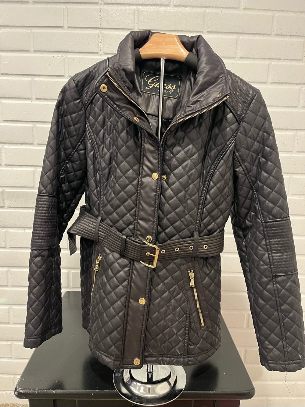 Guess Quilted Black Belted Puffer Jacket with Gold Hardware